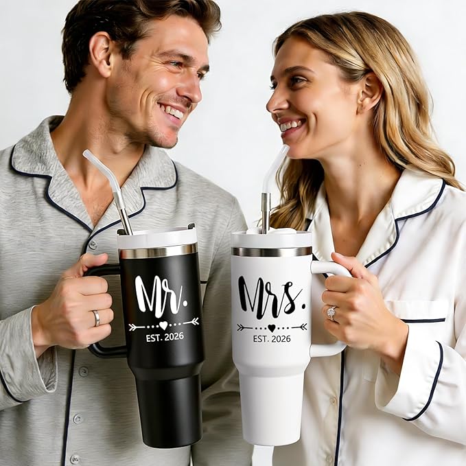 Qtencas Mr and Mrs Gifts, Wedding Gifts for Couples 2026, Mr & Mrs Insulated Tumblers Set, Anniversary Engagement Wedding Gift for Newlyweds Couples Bride and Groom (Black & White)