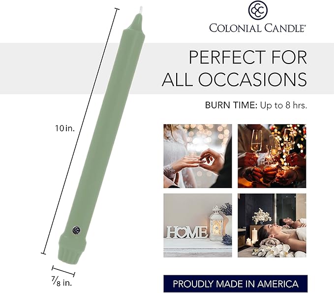 Colonial Candle Unscented Taper Candle, Classic Collection, Colonial Classic Green, 8 in, Pack of 12 - Up to 6 Hours Burn