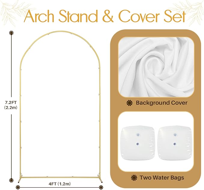 7.2 FT Wedding Arch Backdrop Stand and Cover Set | Metal Backdrop Arch Stand, Balloon Stand, Water Bags | Party, Bridal Show, Birthday, Baby Shower Decorations (White Cover)