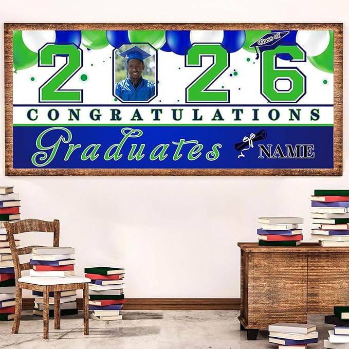 Custom Photo Graduation Garage Door Banner Personalized 2026 Grad Banner 7x16ft Porch Door Sign Decoration Outdoor Photo Booth Backdrop Party Supplies(Navy Blue)