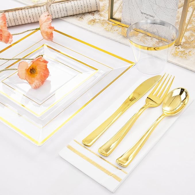 Festiva 350Pcs Clear Plastic Plates with Gold rim - Clear Gold Disposable Dinnerware for 50 Guests includeSquare Plastic Plates/Cups/Cutlery/Napkins Perfect for Birthday Party&Wedding