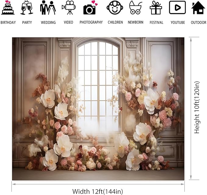 European Style Interior Room Backdrop 12x10ft Art Oil Painting Flowers French Window Photography Background Birthday Bridal Shower Women Girl Home Room Office Decor Banner Photo Studio Props