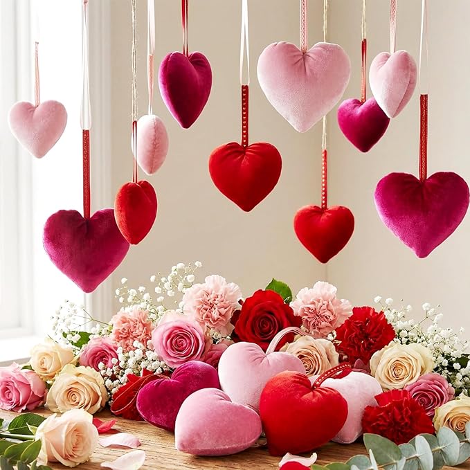 18 Pcs Valentine's Day Hanging Heart Ornaments Handmade Heart Shaped Velvet Gifts 4.3 Inches Hanging Valentine Tree Ornaments for Wedding Anniversary Party Decorations(Red, Pink, Rose Red)