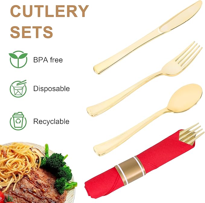 400 PCS Pre Rolled Cutlery Sets, Premium Gold Plastic Flatware Set Wrapped in Red Napkin, Disposable Cutlery Set with 100 Forks, 100 Knives, 100 Spoons, 100 Napkins for Upscale Wedding, Party, Dinner