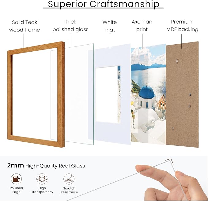 Axeman 14x22 Frame - Solid Teak Wood 14x22 Picture Frame With Mat for 12x18, 22x14 Wood Poster Frame, Tempered Glass and Hanging Hardware Included Home Decor Art Hanging Frame, Natural Teak