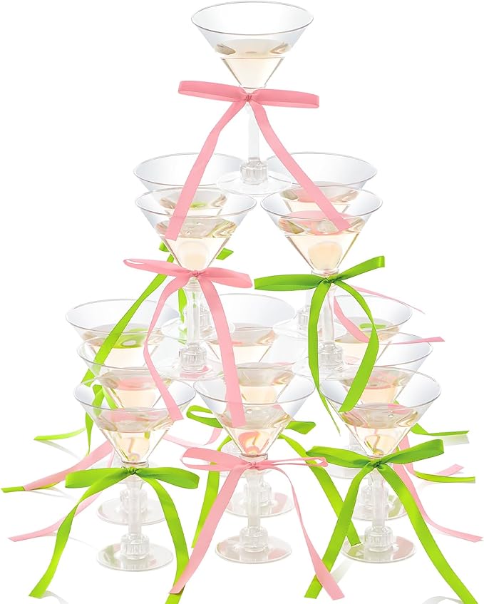 Maxdot 30 Sets A Tini Bit Older Birthday Party Supplies 5 oz Espresso Martini Glasses Plastic Mini Champagne Tower with Bows for Espresso Martini Bachelorette Decoration Tiny Bar(Pink, Green)
