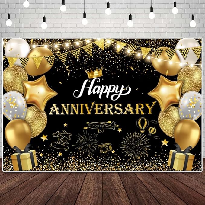 ChloropLastid Happy Anniversary Backdrop Black Gold Anniversary Decorations for Party Banner 50th 60th Anniversary Birthday Wedding Supplies Photo Booth Props Background 12X8FT
