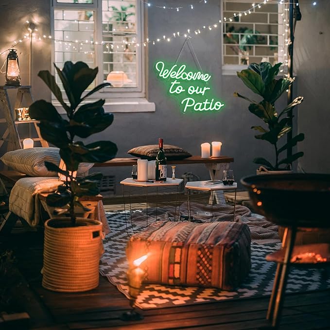 Welcome to Our Patio Neon Sign Green Led Light Plants Neon Signs for Wall Decor Bar Outdoor Light Up for Cafe Business Backyard Terrace Home Garden Party Decoration Jungle Lovers Gifts