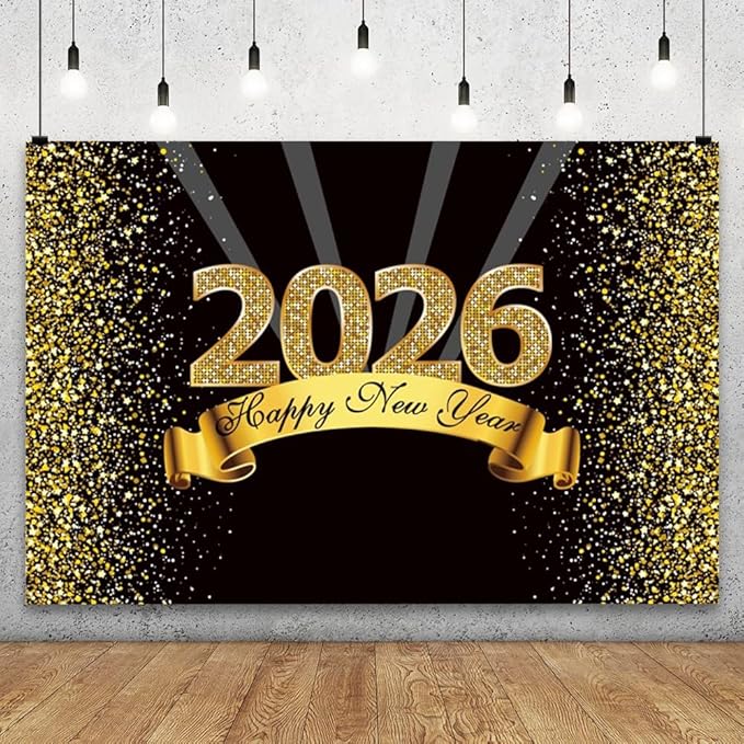 YongFoto 2026 Happy New Year Backdrop 20x10ft Black Gold Photography Background Merry Christmas Night Festival Carnival Celebration Party Banquet Decor Banner Photoshoot Wallpaper Photo Booth