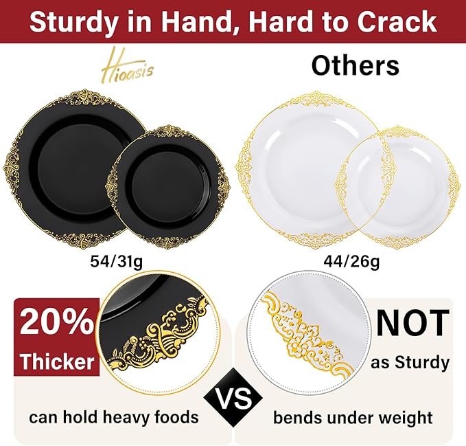 Hioasis 350pcs Black and Gold Plates - Black Party Plates for 50 Guest, Include 100 Heavy-duty Plates(20% Thicker Than Standard), 50 Pre Rolled Gold Plastic Silverware Set, 50 Cups