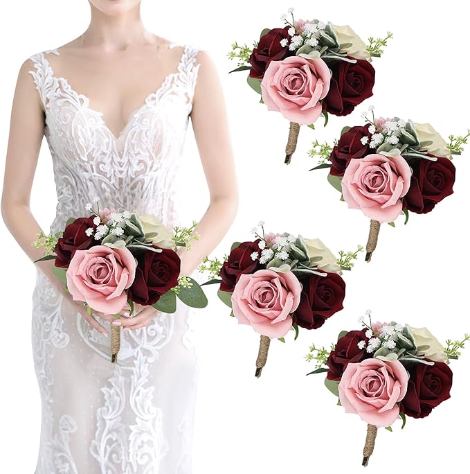 Set of 4 Artificial Bridesmaid Bouquets Blush & Burgundy -7 Inch Silk Rose Wedding Flower Bouquets for Bridesmaid Holding Flowers , Bridal Shower, Wedding Centerpiece Ceremony and Anniversary