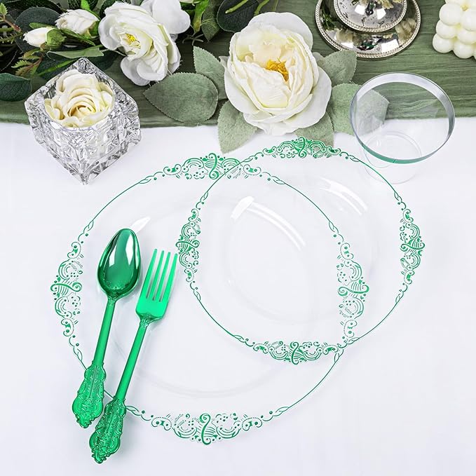 Hioasis 175pcs Clear and Green Plates - Green Party Plates for 25 Guest, Include 50 Heavy-duty Plates(20% Thicker Than Standard), 25 Pre Rolled Gold Plastic Silverware Set, 25 Cups