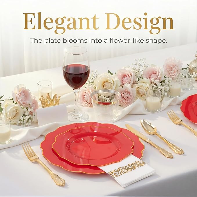 NOCCUR 175PCS Red Plastic Plates with Gold Disposable Silverware - Include 50 Red Gold Plastic Plates,25 Knives,25 Forks,25 Spoons,25 Cups and 25 Napkins - Ideal for Party/Valentines & Galentines Day