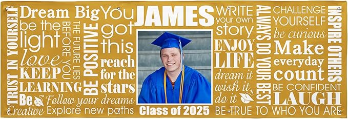Let's Make Memories Personalized Graduation Banner - Graduation Party Decorations - Customized Congratulations Banner - Class of 2025 - Indoor/Outdoor Vinyl - Big Dreams - Gold - 8 ft.