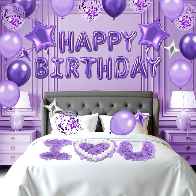 Purple Happy Birthday Balloons Decorations Purple Lavender Birthday Balloon Letters Banner with 6 Pcs Star Balloons Artificial Rose Petals 24 Flameless LED Candles for Room Hotel Party Decorations
