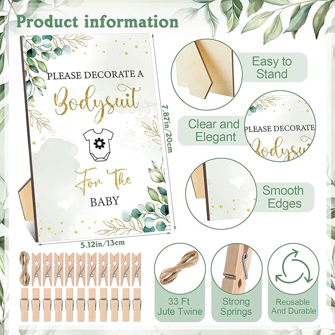 Panitay 126 Pcs Baby Shower DIY Bodysuit Set Bib 25 Blank White Newborn Bodysuit 25 Stencils 24 Marker 1 Sign 50 Pins(Greenery)