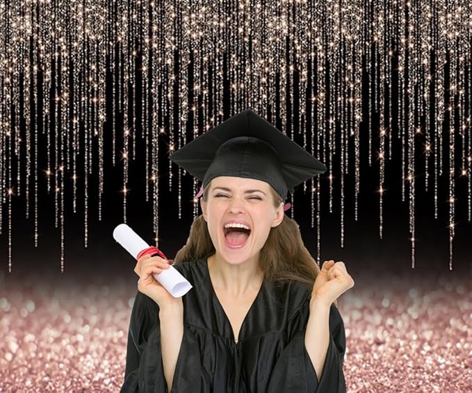 Black and Rose Gold Backdrop 10x8ft Glitter Photography Background for Girl Women Birthday Wedding Baby Shower Bridal Shower Graduation Backdrops Party Decoration Banner Photo Props