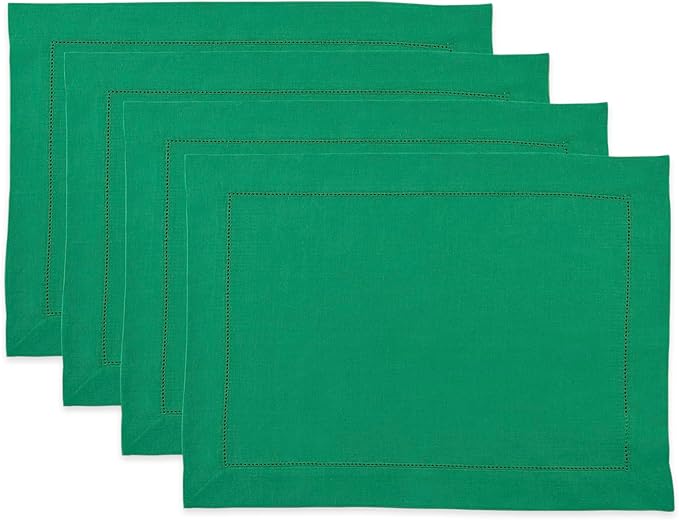 Solino Home Linen Cloth Placemats Set of 4-100% Pure Linen Hemstitch Emerald Green Placemats 14 x 19 Inch - Classic Hemstitch Table Place Mats for St Patricks Day