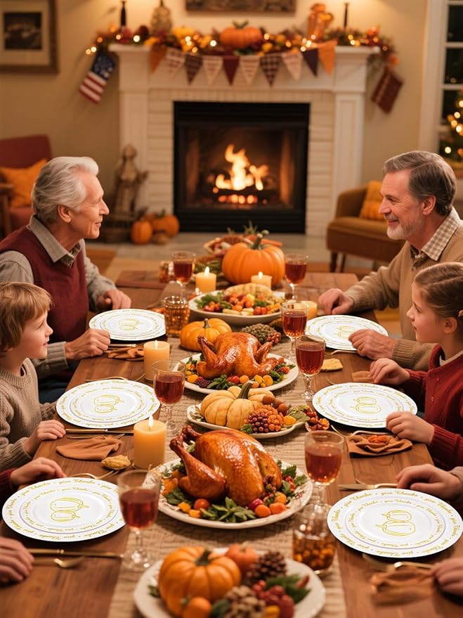 supernal 60pcs Thanksgiving Plastic Plates,Thanksgiving Plates with Gold Pumpkin Design, Fall Party Plate Bulk Include 7.5" Dessert Plate,10.25" Disposable Dinner Plato for Friendgiving Party