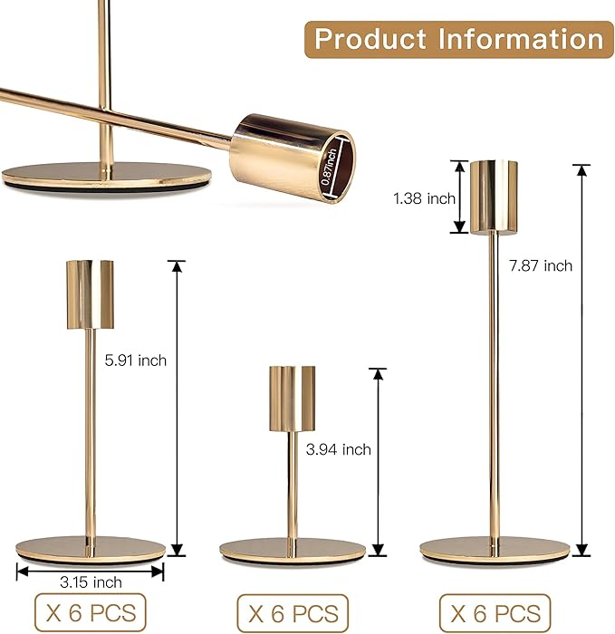 Gold Candlestick Holders - Bulk Decorative Metal Candelabra for Taper Candles - Fit 0.8 Inch Diameter - Gold Taper Candle Stands for Wedding Home Party Table Decor (Set of 18)