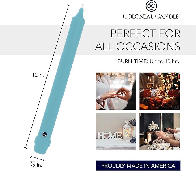 Colonial Candle Unscented Taper Candle, Classic Collection, Coastal Blue, 12 in, Pack of 12 - Up to 10 Hours Burn