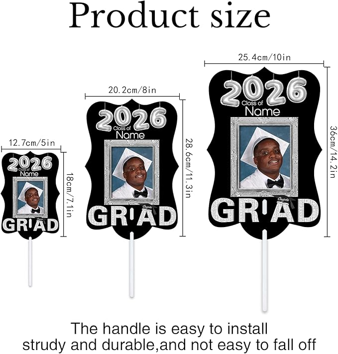 Personalized Graduation Double Sided Face Fan Class of 2026 Customized Graduation Head Face Cutout with Handle Fun Photo Prop Supplies(A-Black and Silver,12pcs)