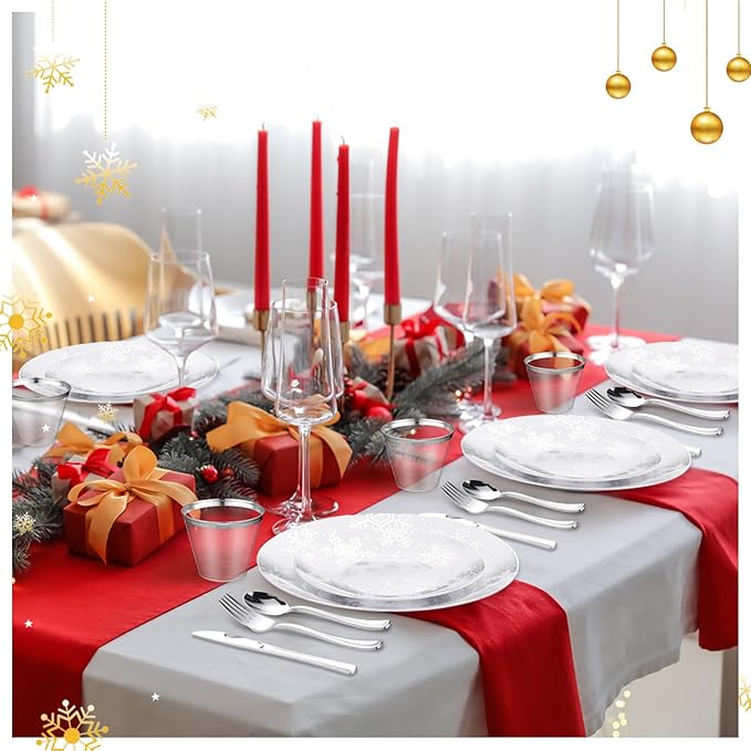 Sliner 350 Pcs Snowflake Frozen Birthday Party Supplies Disposable Tableware Set Include 7.5'' Plates 10.25'' Plates Napkins Cups Forks Knife Spoons for 50 Guests themed Holiday Party Decor(Silver)