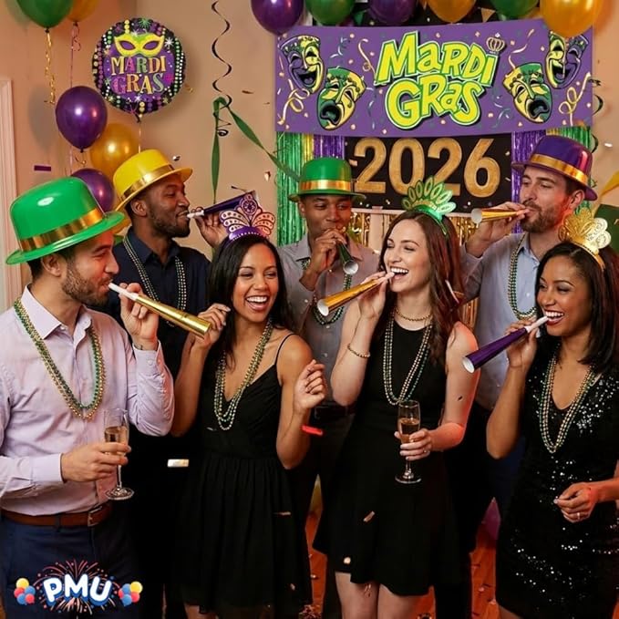 PMU 158 Pc New Year's Eve Party Supplies New Year Decorations Supplies, 2026 Multicolor Mardi Gras Party Kit Assortment for 50 Persons - (Yellow, Purple and Green) for Adults, Men and Women (50/psn)