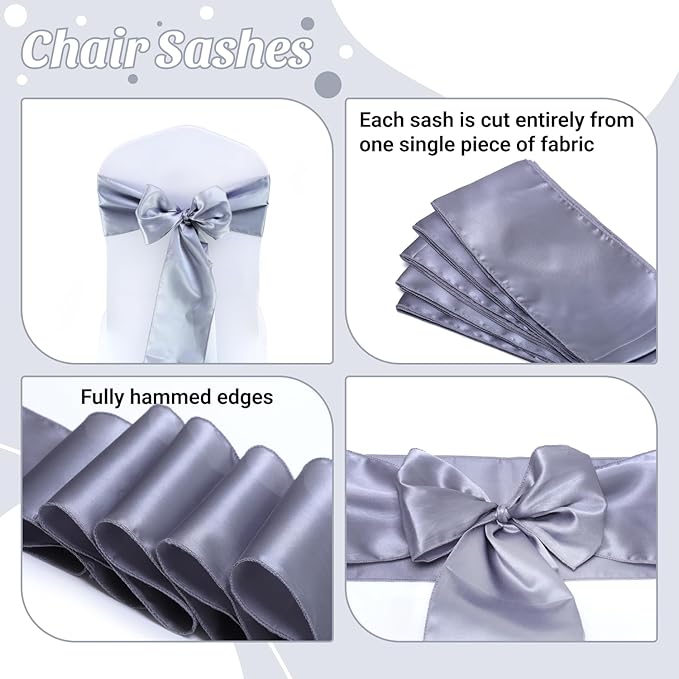 VDS Satin Chair Sashes Chair Cover Back Tie Sateen Bows Ribbon for Wedding Birthday Graduation Engagement Ceremony Event Party Banquet Venue Hotel All Dining Chair Décor (25PC)(Light Silver Grey)