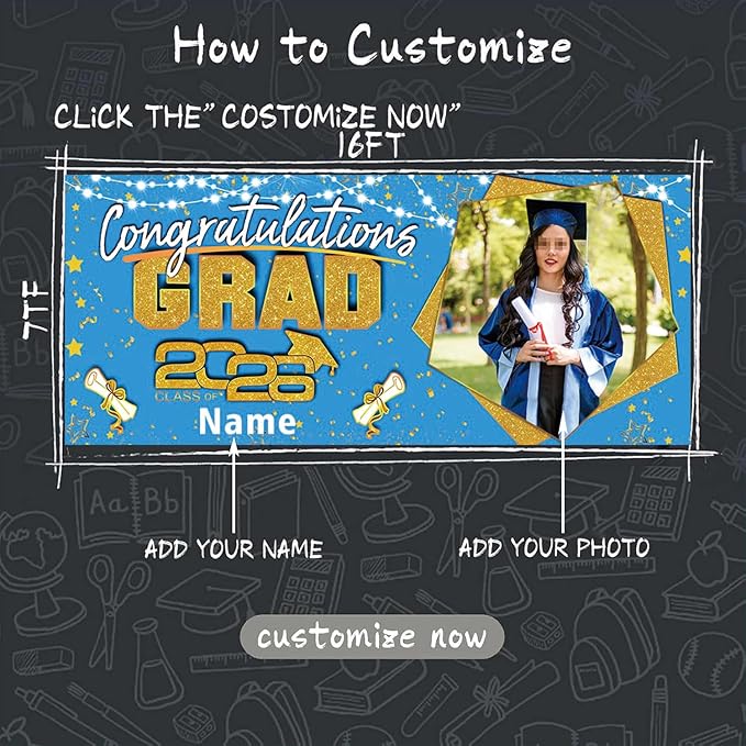 Custom Garaduation Garage Door Banner Cover 16 x 7 ft Class of 2026 Congrats Grad Party Backdrop Personalized Graduation Decoration(Sky Blue and Gold)