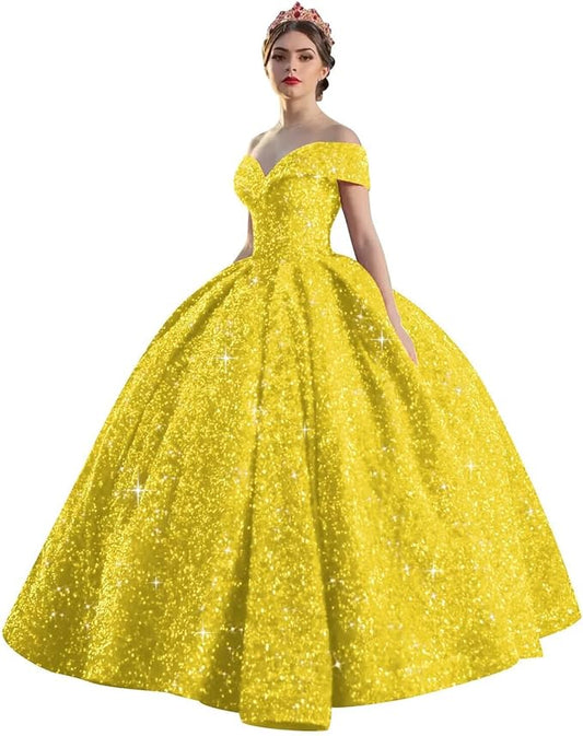 Quinceanera Dress Long Ball Gown Sparkly Sequin Off Shoulder V Neck Prom Dresses