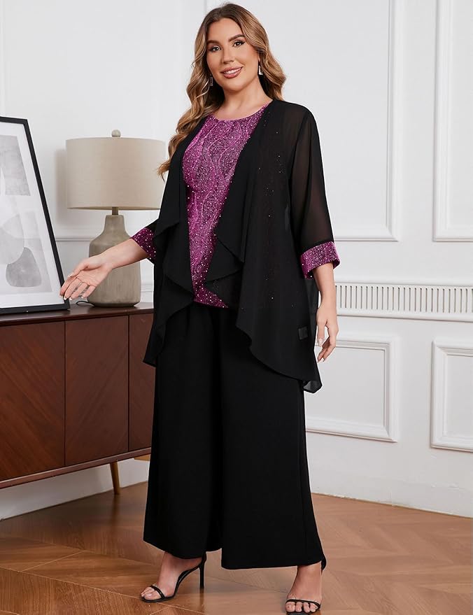 ZOMVA Plus Size 3 Piece Formal Pantsuit Sparkly Chiffon Jacket Set Dressy Outfit Mother of The Bride Groom Wedding Cocktail