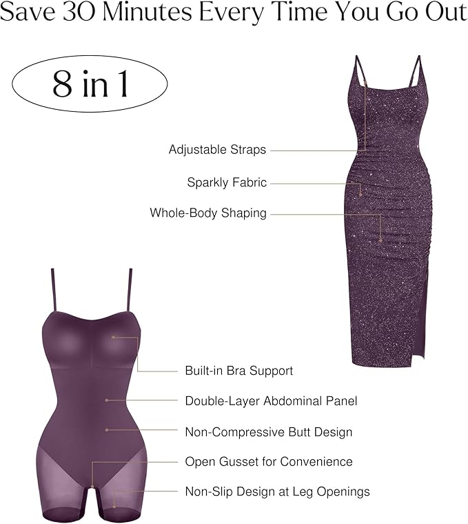 Popilush Shapewear Midi Dress Women's Sparkly Formal Wedding Guest Cocktail Dresses Fall Square Neck Ruched Dress Side Slit