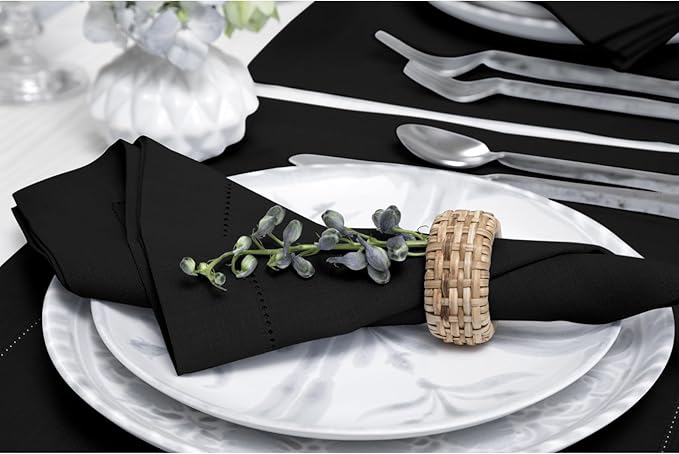 Solino Home Black Linen Napkins Set of 6-100% Pure Linen Hemstitch Dinner Napkins 20 x 20 Inch for Winter, Spring, Easter - Classic Hemstitch