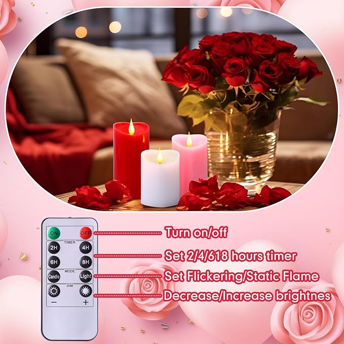 Retisee 3 PCS Valentine's Day Heart Pillar Candle - 4" 5" 6" LED Battery Operated Flameless Candle with Remote for Valentine Women Romantic Home Weeding Decoration Gift(Red, Pink, White)