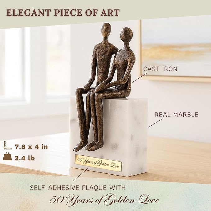 50th Wedding Anniversary Couple Gifts - Iron and Marble Sculpture - Gifts for 50th Wedding Anniversary for Parents or Friends - Includes Present Box, Engraved Plaque and Poem Card