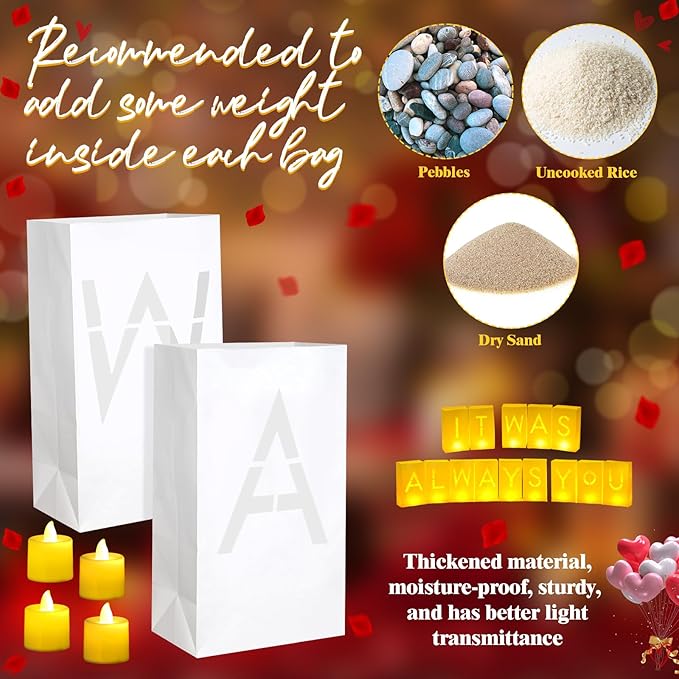 6086 Pcs It was Always You Light up Letters with LED Flameless Tealight Candle Red Rose Petal Letter Luminary Paper Bag for Valentine's Day Decoration Proposal Romantic Special Night Decor