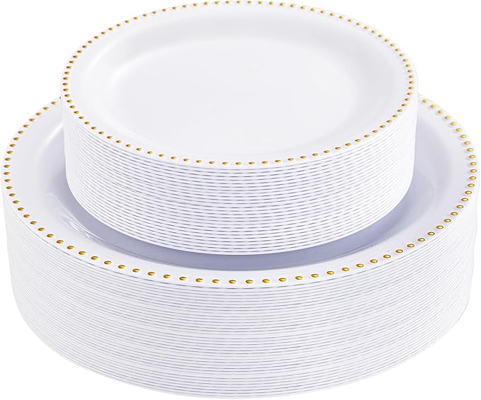 Rubtlamp 60Pcs White Gold Plastic Plates, White Disposable Plates With Gold Beaded, Heavyduty Plastic Plates Include 30 Dessert Platos, 30 Dinner Platos for Party