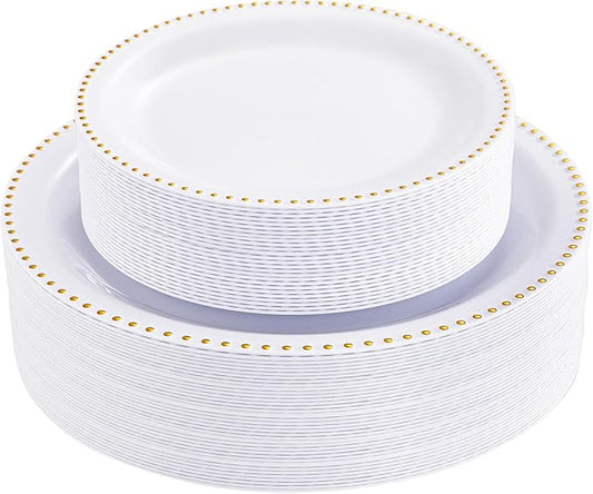 Rubtlamp 60Pcs White Gold Plastic Plates, White Disposable Plates With Gold Beaded, Heavyduty Plastic Plates Include 30 Dessert Platos, 30 Dinner Platos for Party