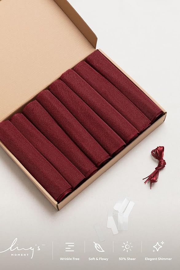 Ling's Moment Wedding Chiffon Chair Sashes Cover Aisle Decorations Draping Fabric Wrinkle-Free with Tie 16 Pcs Burgundy for Party Ceremony Reception Floral Arrangement Banquet Outdoor Decor