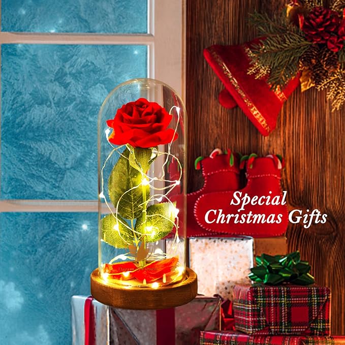 Valentines Day Gifts for Her Beauty and The Beast Rose,Red Rose in Glass Dome with 2 Lights Modes, Valentines Flower Gifts for Women Mom Wife Girlfriend on Valentines Anniversary,Birthday,Wedding