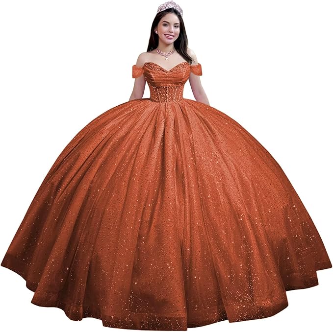 Youjiayi Glitter Tulle Quinceanera Dresses with Train Off Shoulder Beaded Sweet 16 Dresses Pleated Long Ball Gown for Women