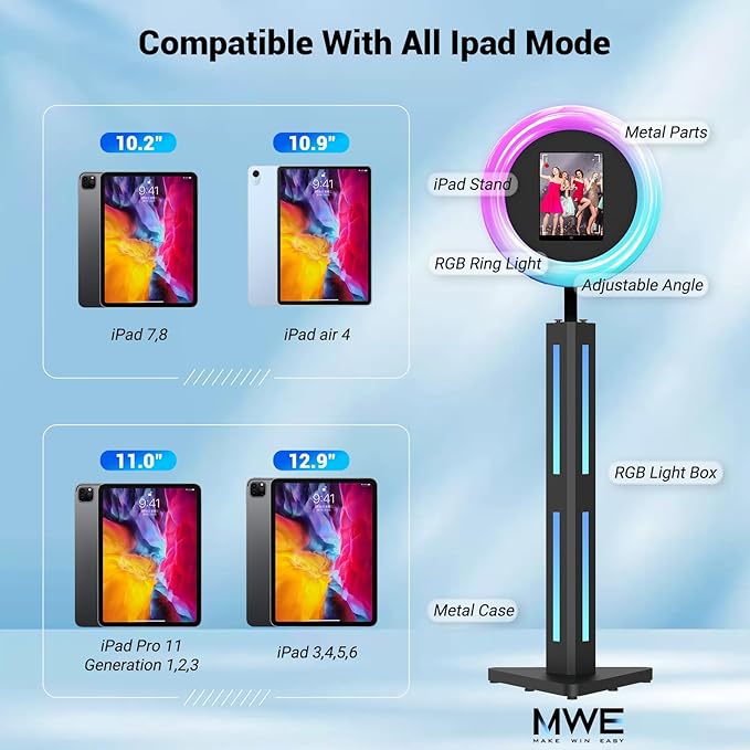 Photo Booth Compatible with Ipad 12.9in 11in 10.9in 10.2in, Photo Booth Machine with ChackTok PhotoBooth VIP Member, Ring Light, Selfie Photo Booth for Parties,Wedding and Events