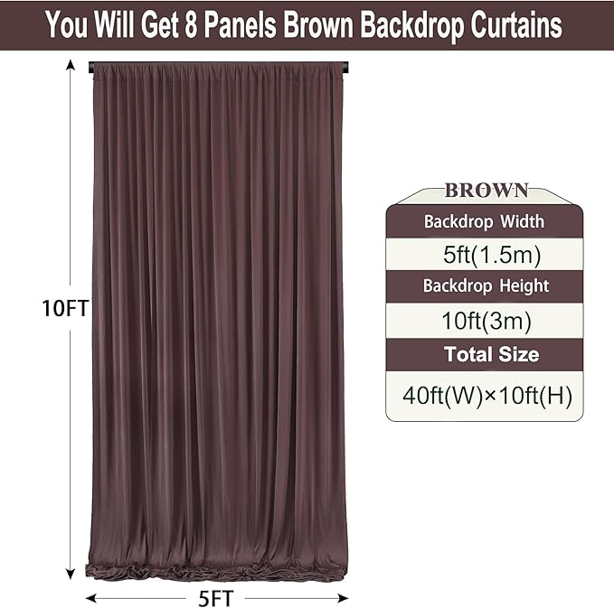 40ft×10ft Wrinkle Free Brown Backdrop Curtain for Parties, 8 Panels 5×10ft Soft Silky Polyester Umber Photo Backdrop Drapes for Teddy Bear Themed Birthday Party Baby Shower Wedding Photography
