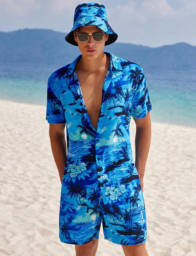 EISHOPEER Men's Flower Hawaiian Sets Casual Short Sleeve Shirt and Shorts Suits Outfits with Bucket Hats