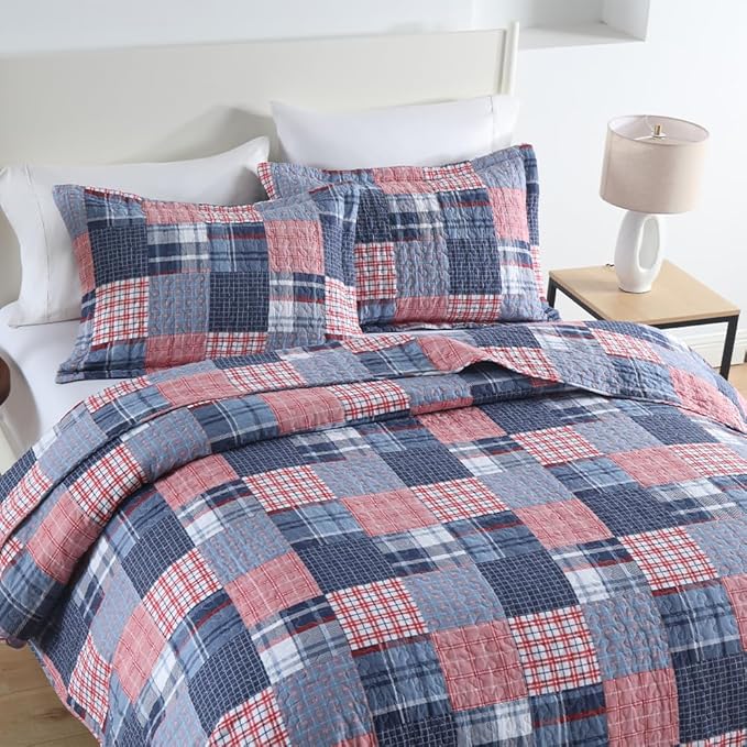 Cotton Bedding Quilt Sets Reversible All Season Real Patchwork Coverlet Sets All Season Blue Bedspread, Houndstooth Plaid Pattern, Queen Size