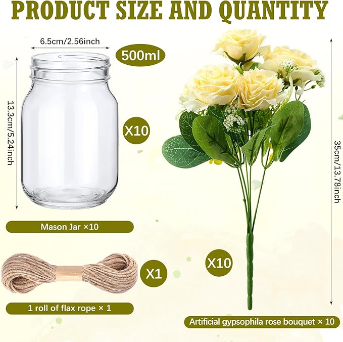 XunYee 10 Set Mason Jar Table Centerpiece with Flower Mason Jar Flower Centerpiece Vases Decor for Engagement Party Bridal Shower Centerpieces Wedding Reception Table Decor(Gypsophila Rose)