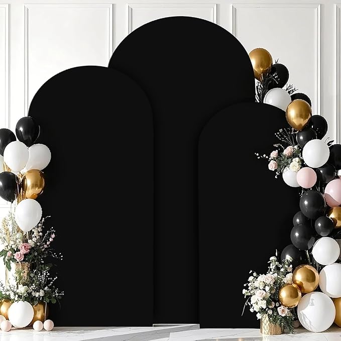 6FT 6.6FT 7.2FT Metal Arch Stand and Cover Set of 3 Black Arch Stand Cover Round Top Arch Backdrop Stand with Spandex Arched Cover Stretchy for Birthday Party Ceremony Graduation Decor