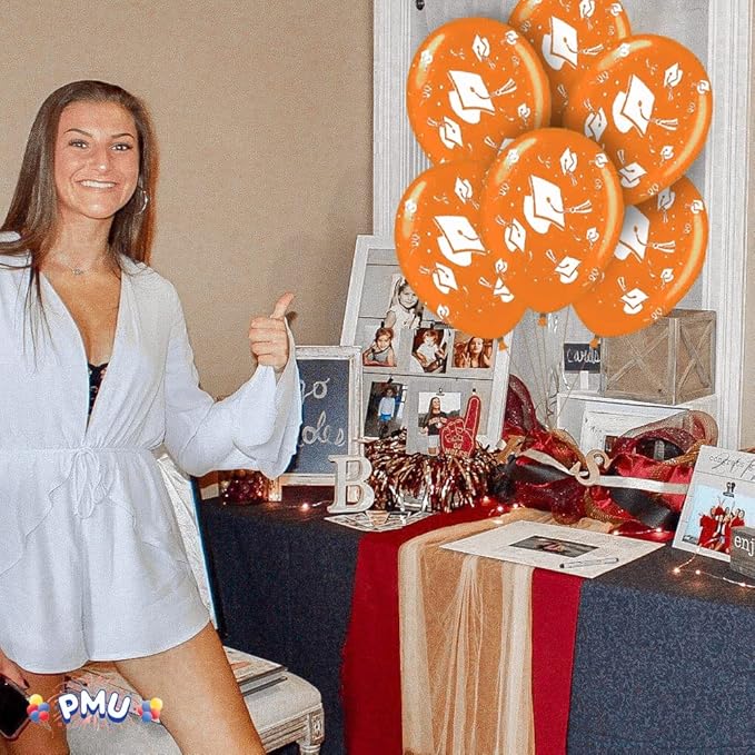PMU 100 Pcs Orange Graduation Balloons Class of 2025 with All-Over Print White Grad Caps-Confetti and Streamers | Graduation Party Supplies | Congratulations Grad Latex Balloons Latex