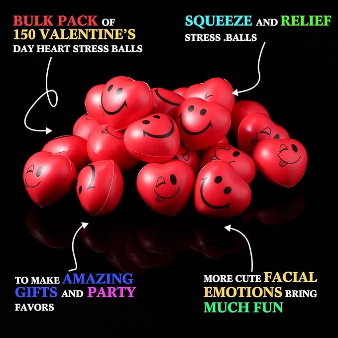 BBTO 150 Pcs Valentine's Day Stress Relief Balls 3 Styles Heart Smile Face Foam Balls Stress Relief Toys Party Favors for Teens Adults Student School Prizes Gift Bag Fillers(Red)